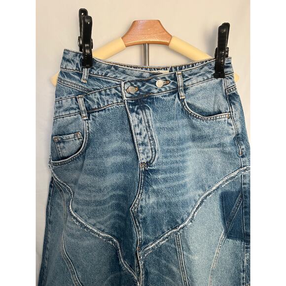 Pilcro Anthropologie Denim Midi Skirt Size 4 Boho Patchwork Raw Hem - Picture 2 of 7